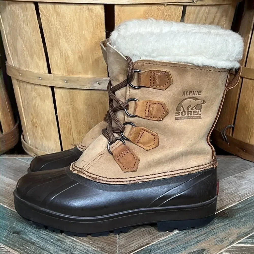 Sorel Alpine Tan Leather Faux Fur Waterproof Vintage Snow Boots Womens Size 6